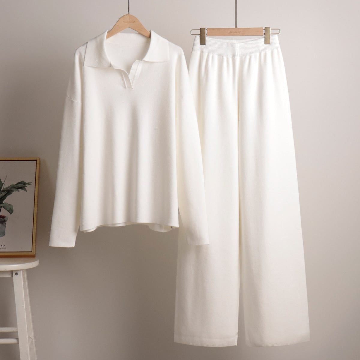 Knitted Set Autumn Winter Sweater Set Polo Neck Knitted Pullover + Wide Leg Long Pants Two-Piece Suit