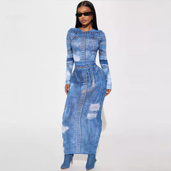 Autumn New Two-Piece Denim Print Round Neck Long Sleeve Top Slim Fit Bodycon Long Skirt Suit