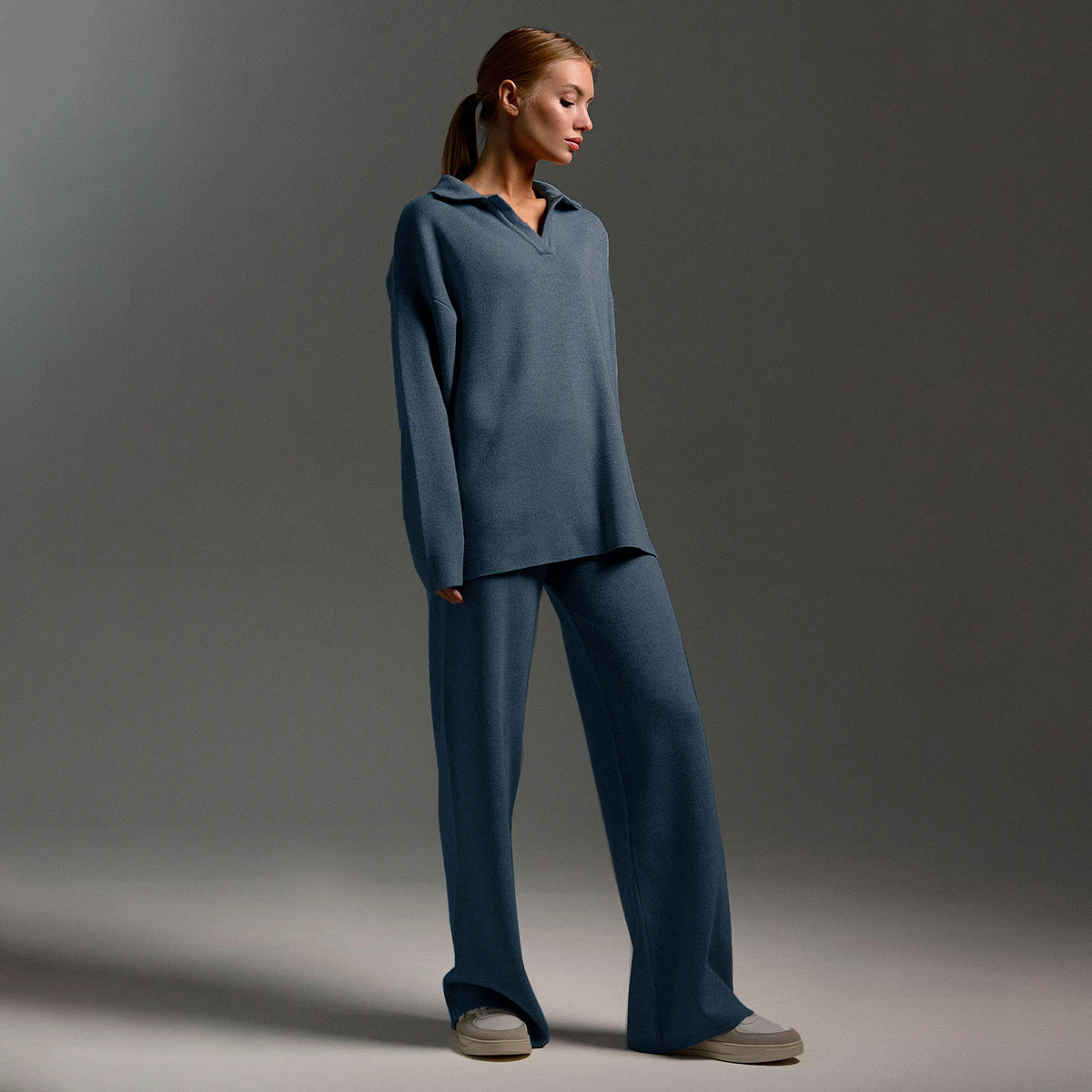 Knitted Set Autumn Winter Sweater Set Polo Neck Knitted Pullover + Wide Leg Long Pants Two-Piece Suit
