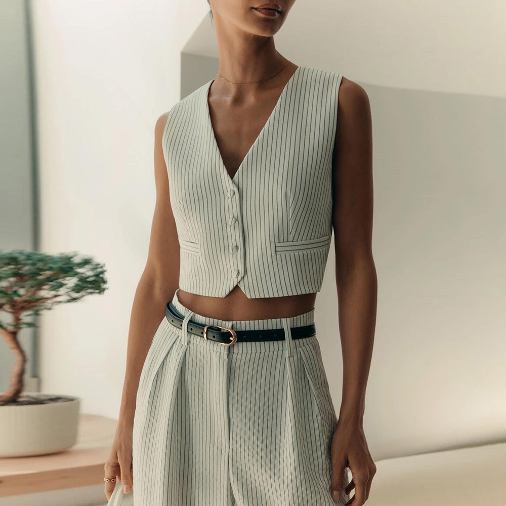 Spring Summer Women���s Striped Sleeveless Vest V-Neck Single-Breasted + Straight Leg Suit Pants Set Suit
