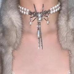 Sweet Cool Double Layer Pearl Spider Necklace