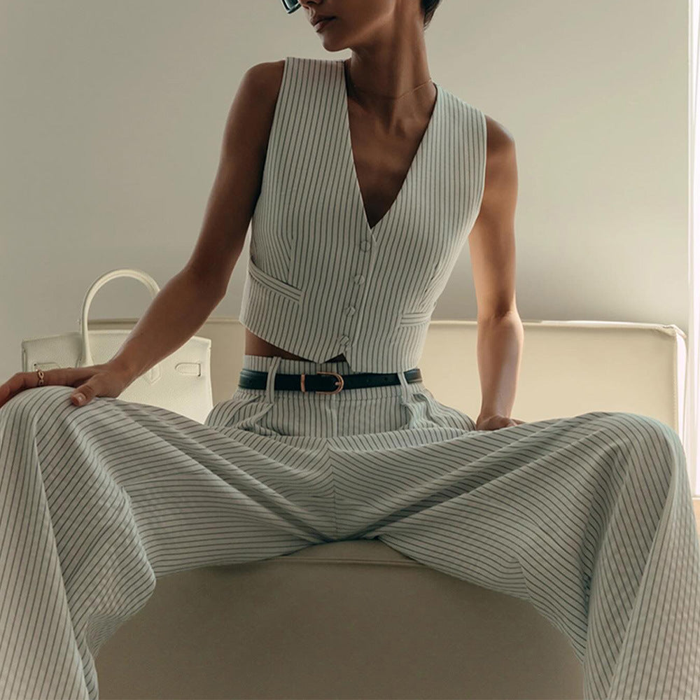 Spring Summer Women���s Striped Sleeveless Vest V-Neck Single-Breasted + Straight Leg Suit Pants Set Suit
