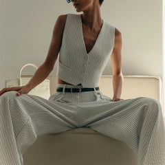 Spring Summer Women���s Striped Sleeveless Vest V-Neck Single-Breasted + Straight Leg Suit Pants Set Suit