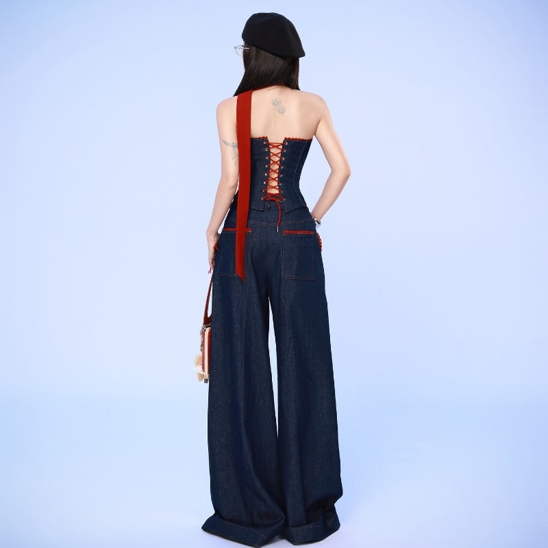 Ins Style Autumn New Fashion Trendy Denim Bandeau Vest Loose Wide Leg Long Pants Set Suit