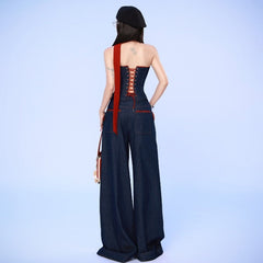 Ins Style Autumn New Fashion Trendy Denim Bandeau Vest Loose Wide Leg Long Pants Set Suit