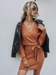 Surplice Wrap Batwing Sleeve Ribbed Dress