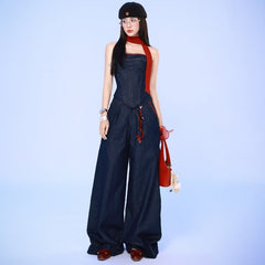 Ins Style Autumn New Fashion Trendy Denim Bandeau Vest Loose Wide Leg Long Pants Set Suit