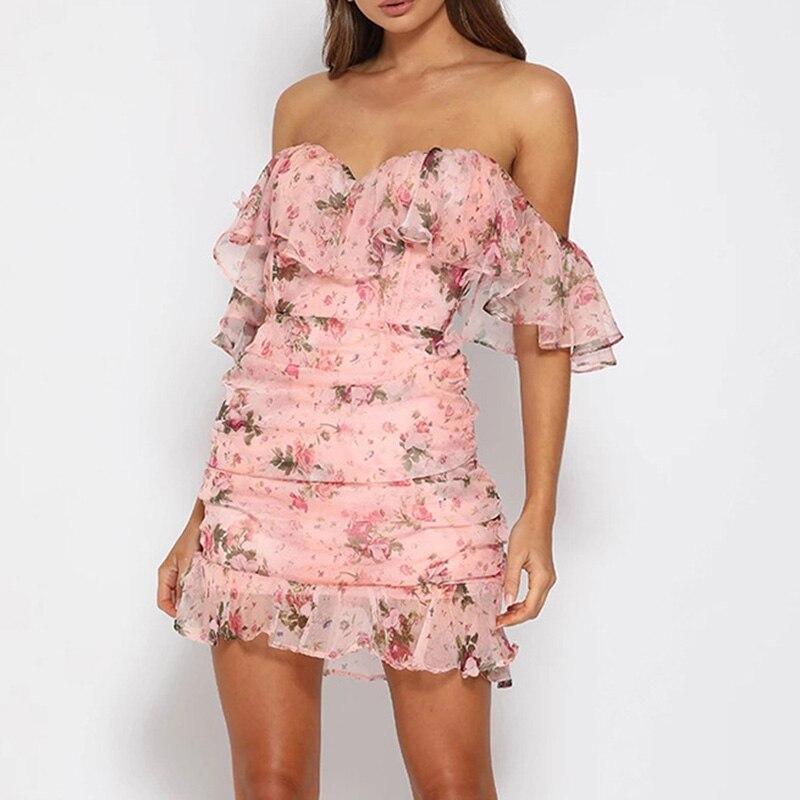 Short Sleeve Slash Neck Flower Print Summer Dress