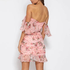 Short Sleeve Slash Neck Flower Print Summer Dress