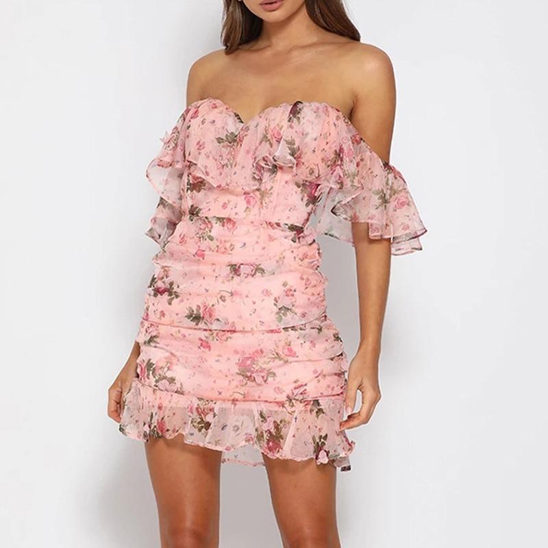 Short Sleeve Slash Neck Flower Print Summer Dress