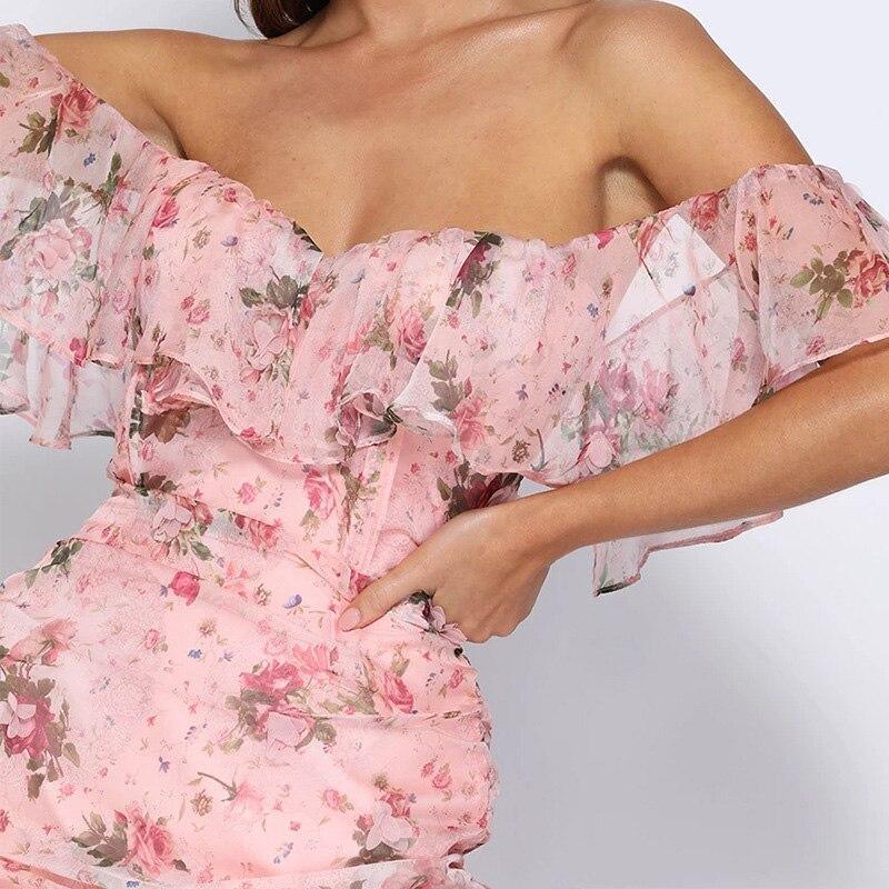Short Sleeve Slash Neck Flower Print Summer Dress