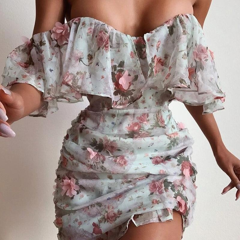 Short Sleeve Slash Neck Flower Print Summer Dress