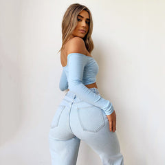 Off Shoulder Long Sleeve Knit T Shirt