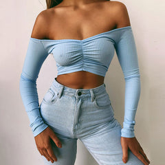 Off Shoulder Long Sleeve Knit T Shirt