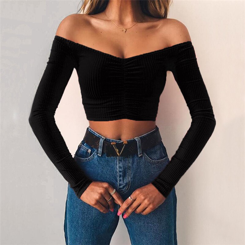 Off Shoulder Long Sleeve Knit T Shirt
