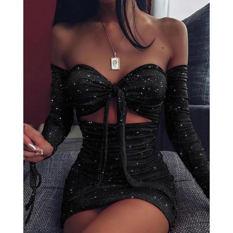 Off Shoulder Glitter Dress Front Lace Up Hollow Out Ruchech Party Dress Stretchy Glittering Sexy Dresses Bodycon Vestidos