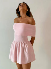 Off Shoulder Knit Summer Strapless Pink Draped Wedding Party Mini Dress