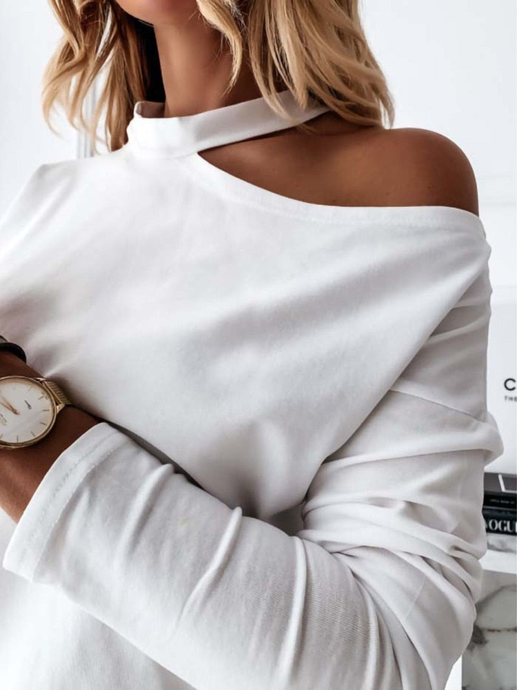 Off Shoulder Solid O Neck Plus Size Sexy Slim Tshirt