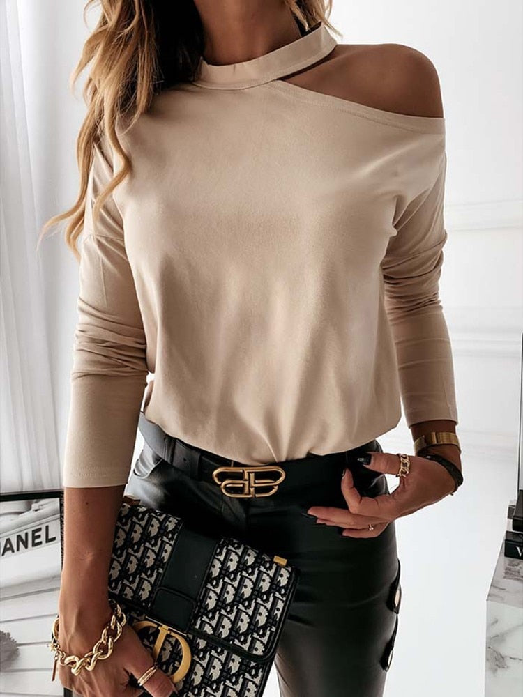 Off Shoulder Solid O Neck Plus Size Sexy Slim Tshirt