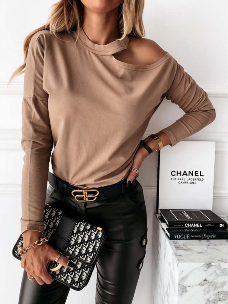 Off Shoulder Solid O Neck Plus Size Sexy Slim Tshirt