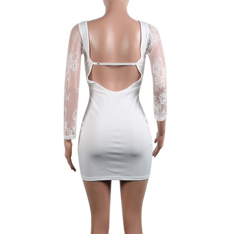 Off shoulder long sleeve lace dress slim bodycon party dresses Transparent backless sexy dress Summer white black vestidos