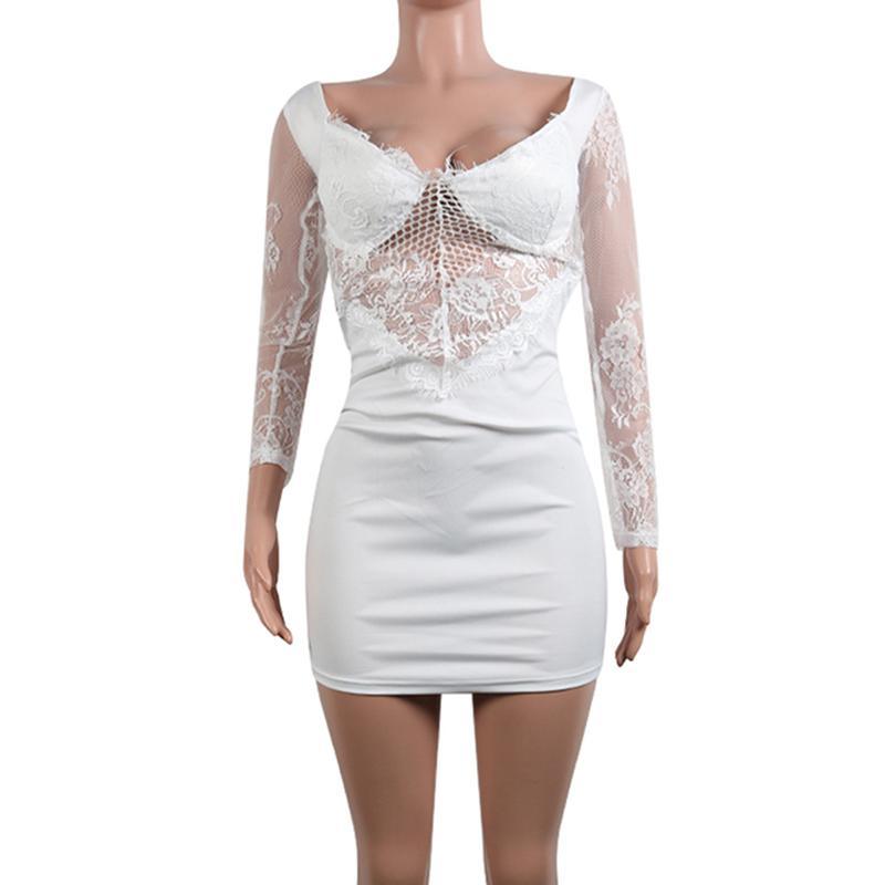 Off shoulder long sleeve lace dress slim bodycon party dresses Transparent backless sexy dress Summer white black vestidos