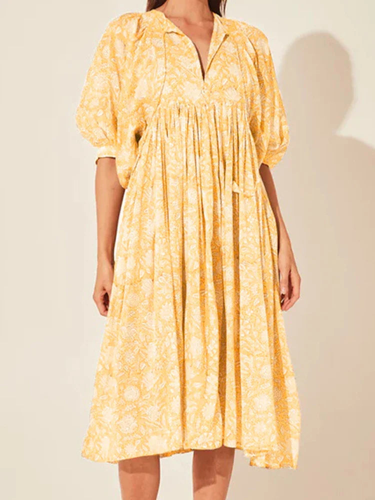 Oversized Elegant Floral Printed Fashion Lantern Sleeve Boho Dress