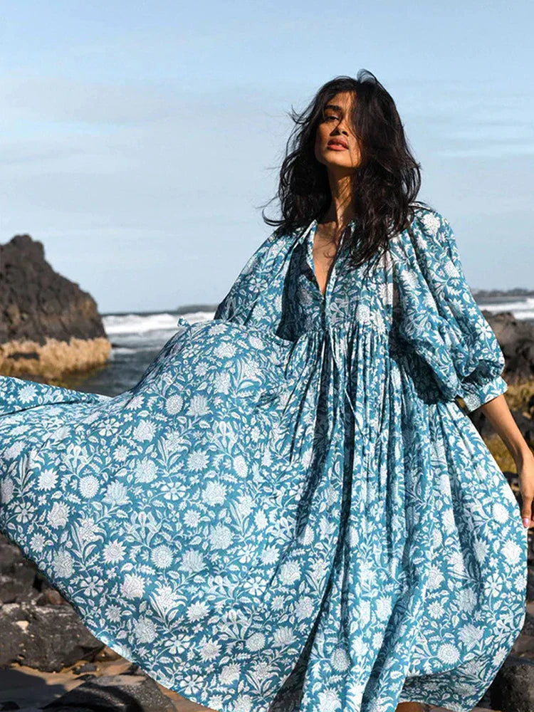 Oversized Elegant Floral Printed Fashion Lantern Sleeve Boho Dress