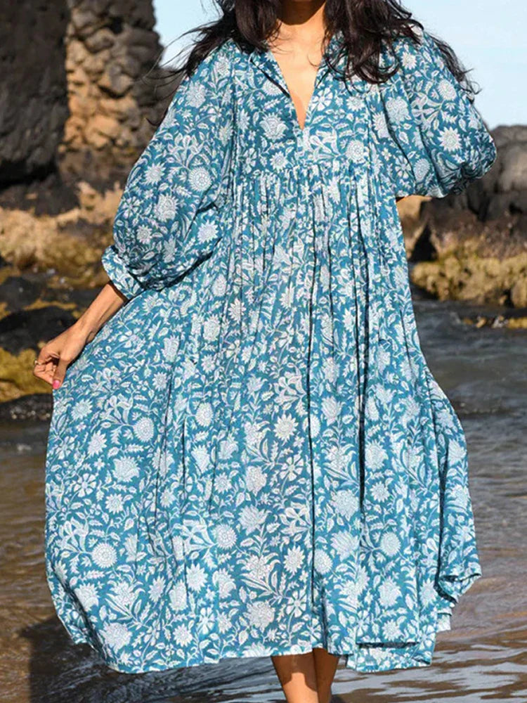 Oversized Elegant Floral Printed Fashion Lantern Sleeve Boho Dress