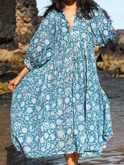 Oversized Elegant Floral Printed Fashion Lantern Sleeve Boho Dress