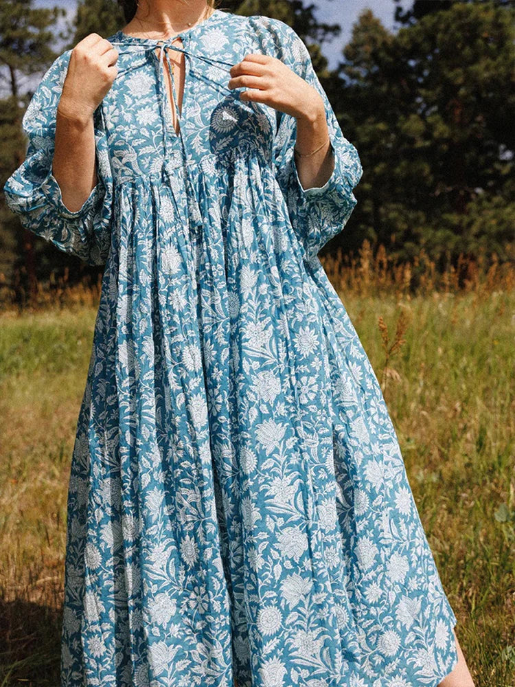Oversized Elegant Floral Printed Fashion Lantern Sleeve Boho Dress