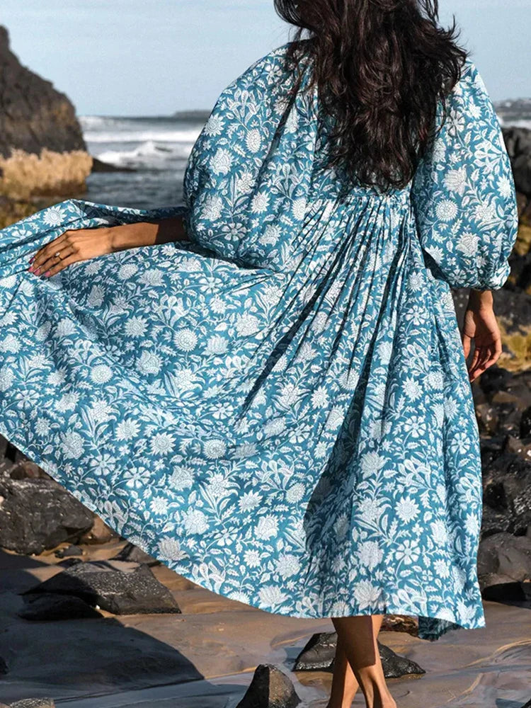Oversized Elegant Floral Printed Fashion Lantern Sleeve Boho Dress