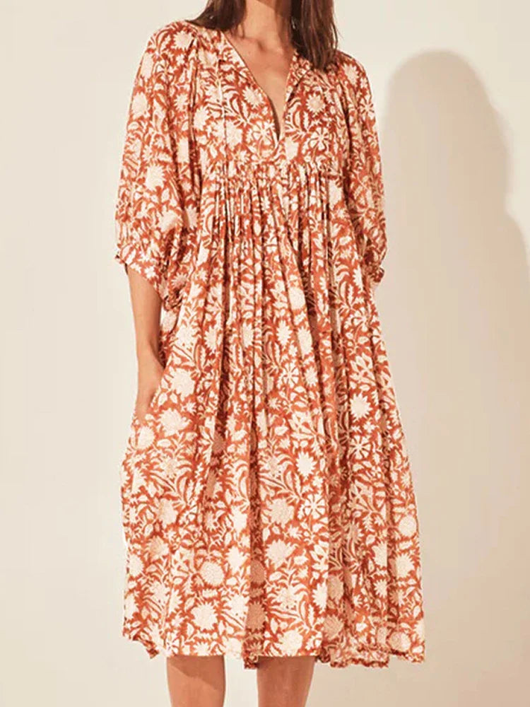 Oversized Elegant Floral Printed Fashion Lantern Sleeve Boho Dress