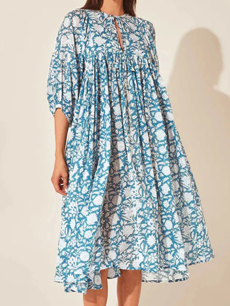 Oversized Elegant Floral Printed Fashion Lantern Sleeve Boho Dress