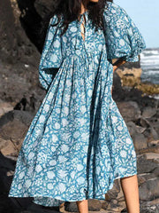 Oversized Elegant Floral Printed Fashion Lantern Sleeve Boho Dress