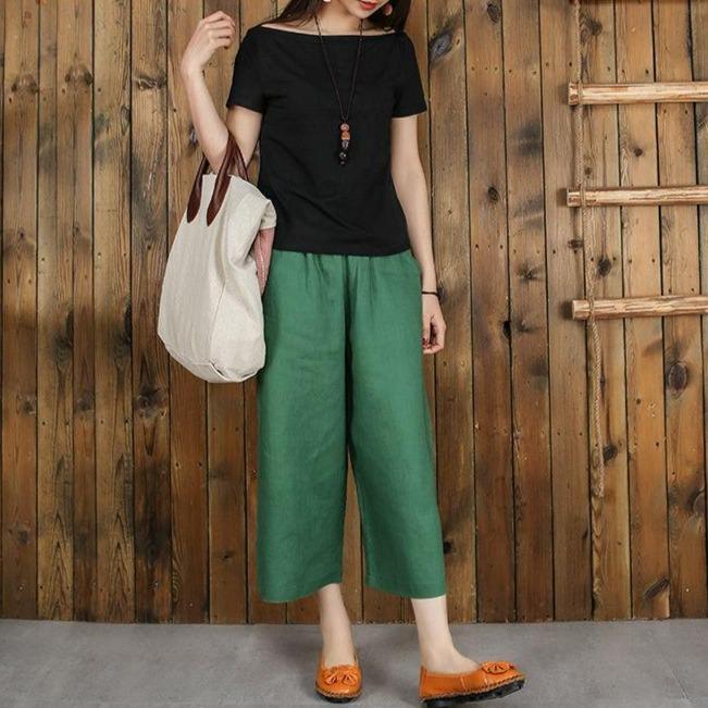 Womenlinen cropped palazzo pants wide leg summer causal pants