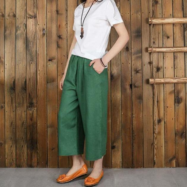 Womenlinen cropped palazzo pants wide leg summer causal pants
