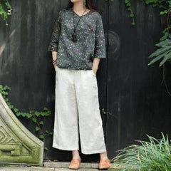 Womenlinen cropped palazzo pants wide leg summer causal pants