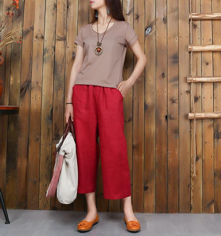Womenlinen cropped palazzo pants wide leg summer causal pants