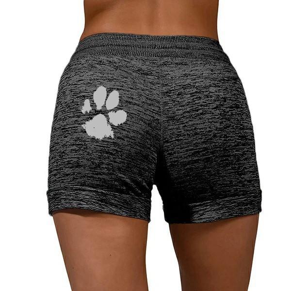 Womencute paws printed drawstring elastic waist yoga shorts