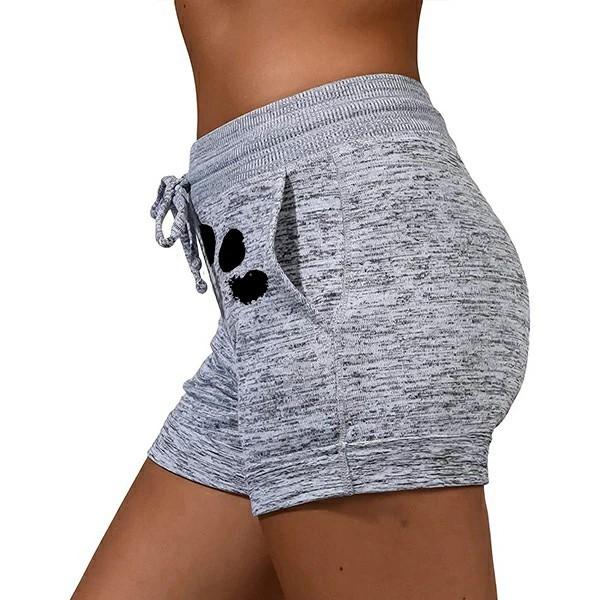 Womencute paws printed drawstring elastic waist yoga shorts