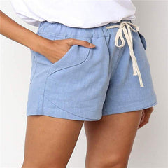 WomenLinen Casual Drawstring Elastic Waist Pocket Shorts