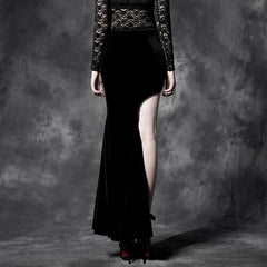 Gothic Style Split Black Asymmetric Cheongsam Velvet Embroidery Long Maxi Skirt