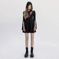 Gothic V-collor Print Mesh Stitching Long Sleeve Dress