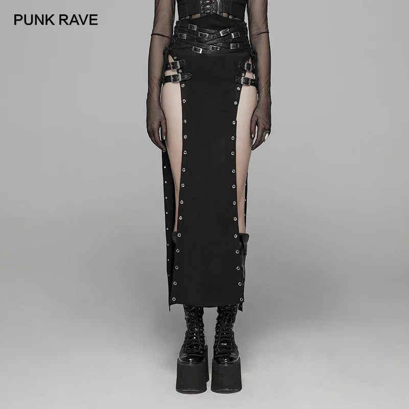 WomenGothic Sexy Black Rock Copslay Stage Personality Hip Hop Streetwear Long High Waisted Skirt