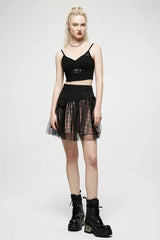WomenMesh Panel Plaid High Waist Short College Style Stitched A-line Youth Girl Mini Skirt