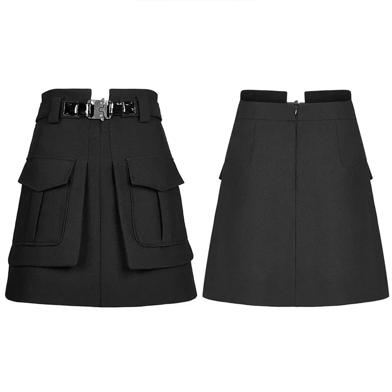 WomenCollect Waist A Line Black Half Personality Casual Mini Functional Buckle Decoration Skirt