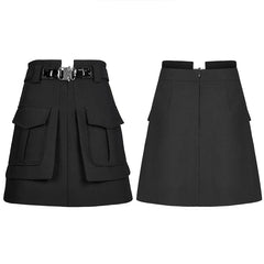 WomenCollect Waist A Line Black Half Personality Casual Mini Functional Buckle Decoration Skirt