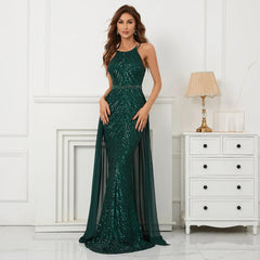 Off Shoulder Tassel Sequin Evening Dress with Cross Back - Green