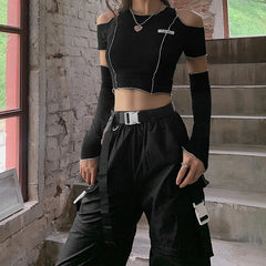 Patchwork Black Gothic One Shoulder Ruffles Hem Hip Hop Techwear Crop Tops